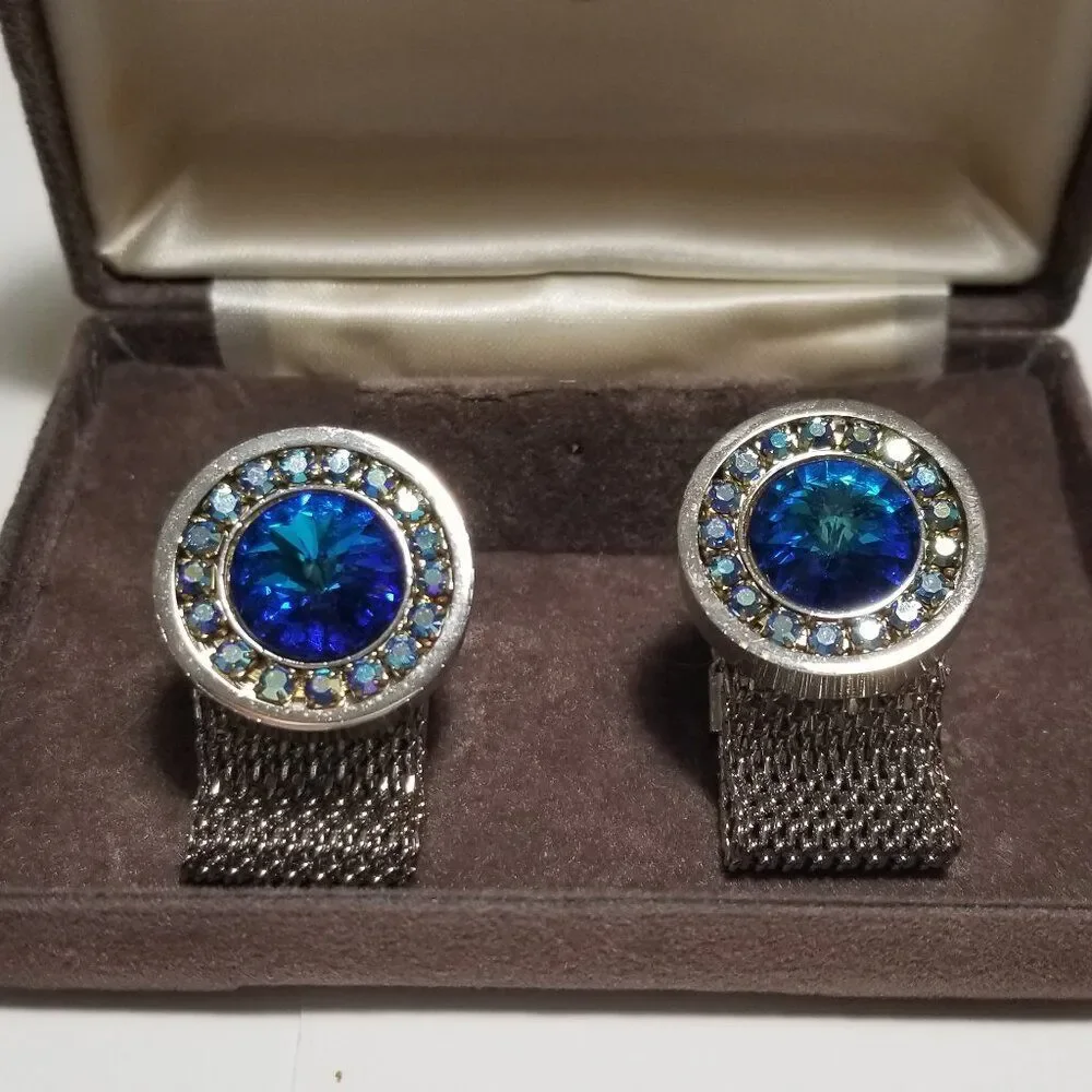 Vintage Rivoli Blue and Aurora Rhinestones Cufflinks Set - Picture 2 of 6